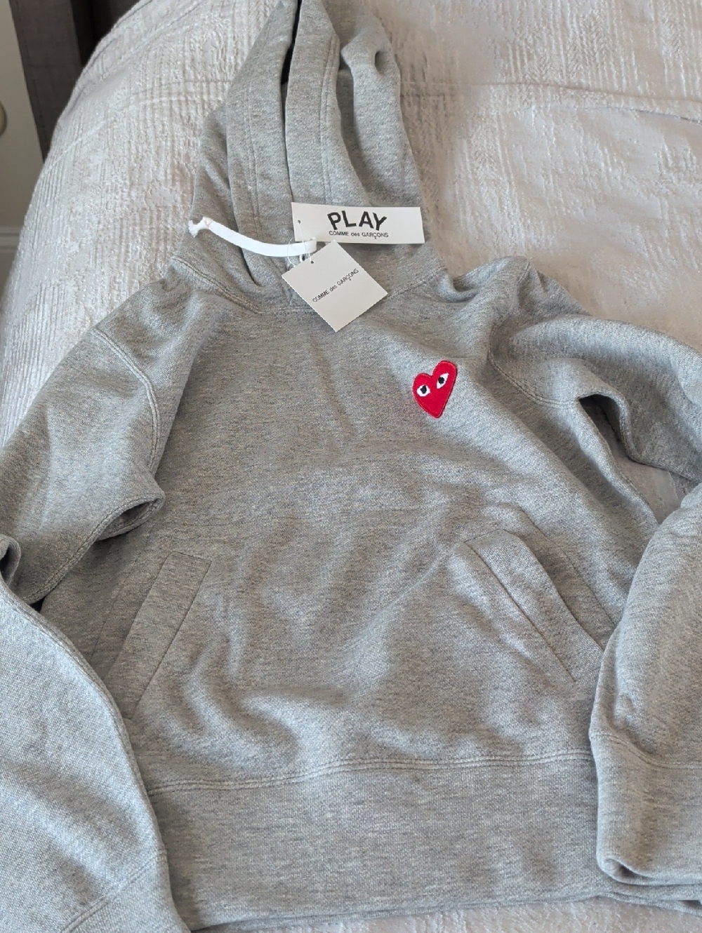 Comme des Garcons PLAY Grey Pullover Hoodie with Red Heart Patch